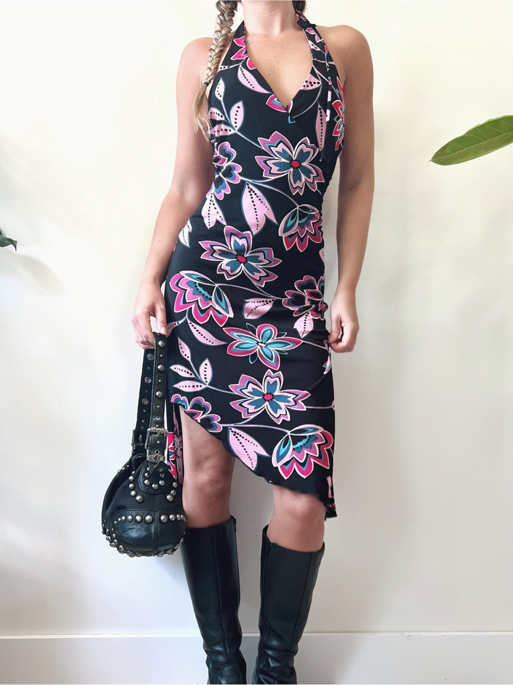 2004 Vintage BEBE | y2k Floral Halter Asymmetrical Dress